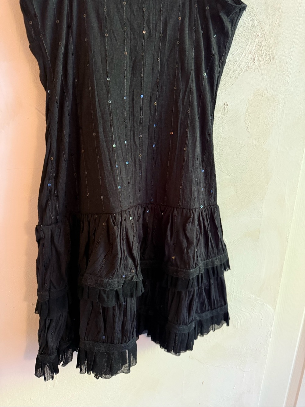 ICHI | Y2K Black Sequin Slip Dress | Size S | Tiered Ruffle Mesh Hem - Picture 9 of 11